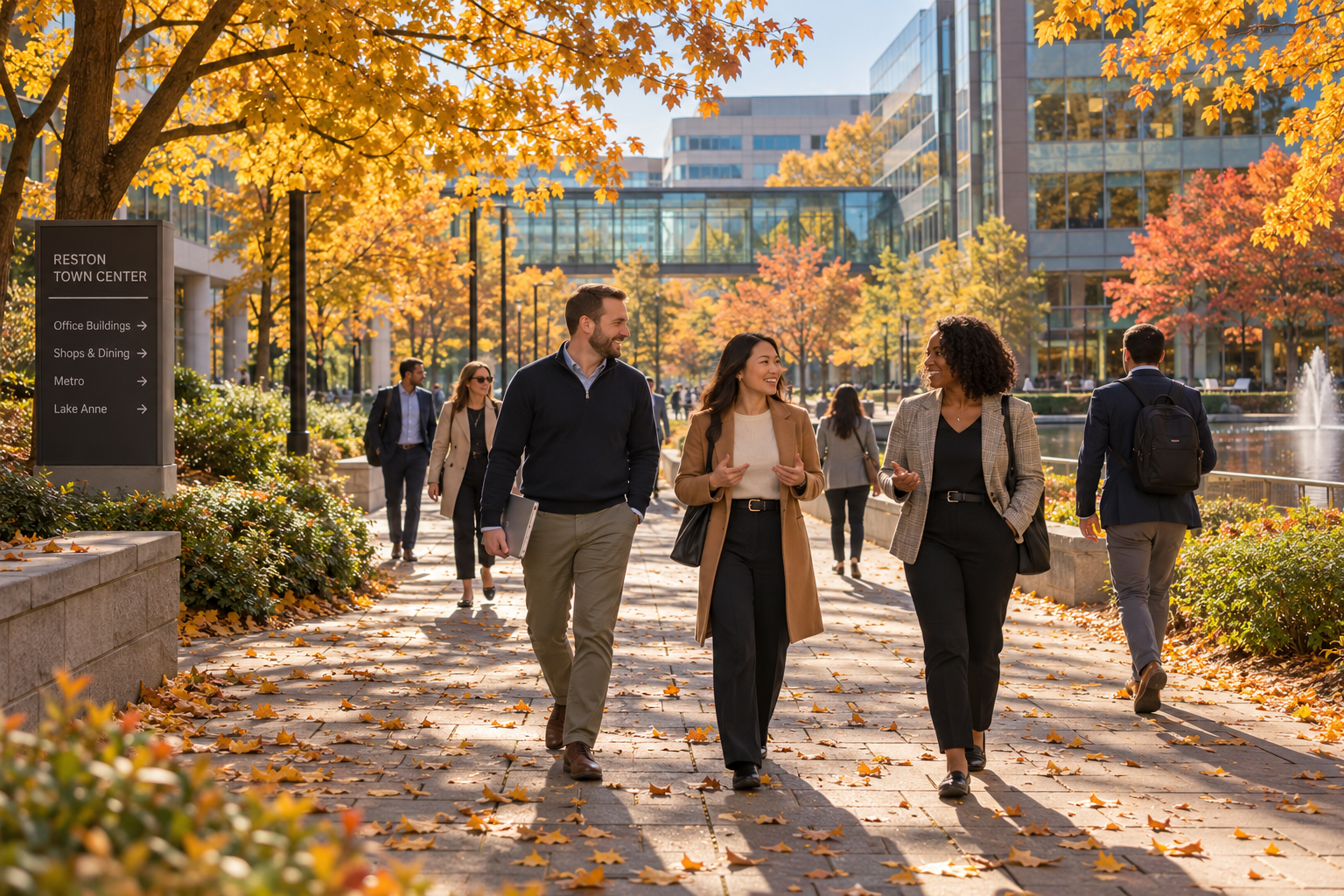 People walking on a tree-lined campus path in autumn, with golden leaves and modern buildings nearby