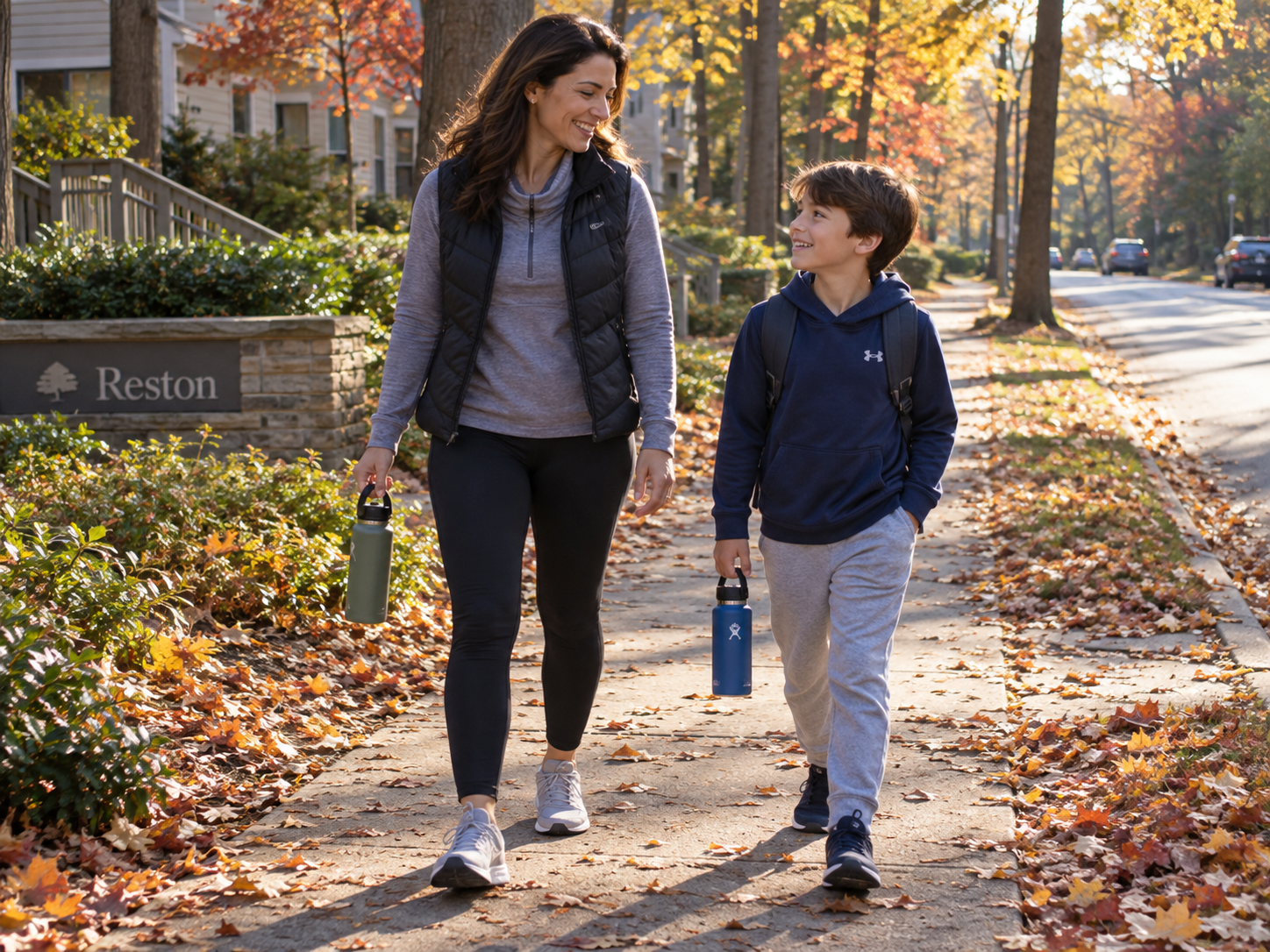 Two people walking on a leaf-covered sidewalk in autumn, each carrying a water bottle.