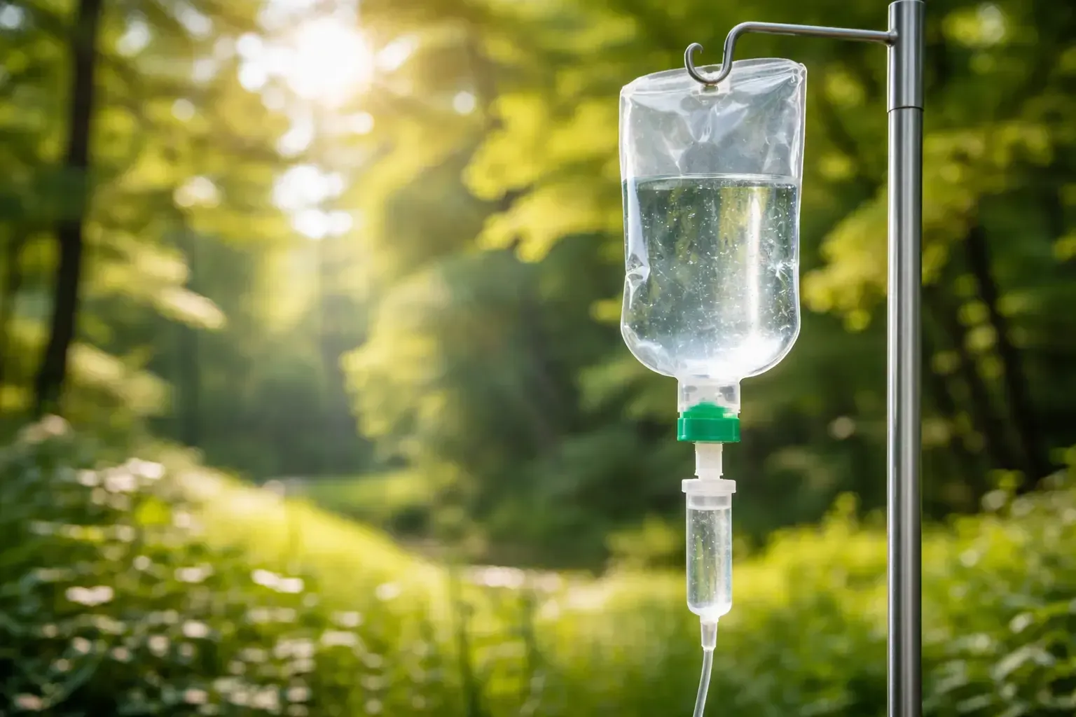 IV drip bag on a metal stand outdoors in a sunlit green wooded area