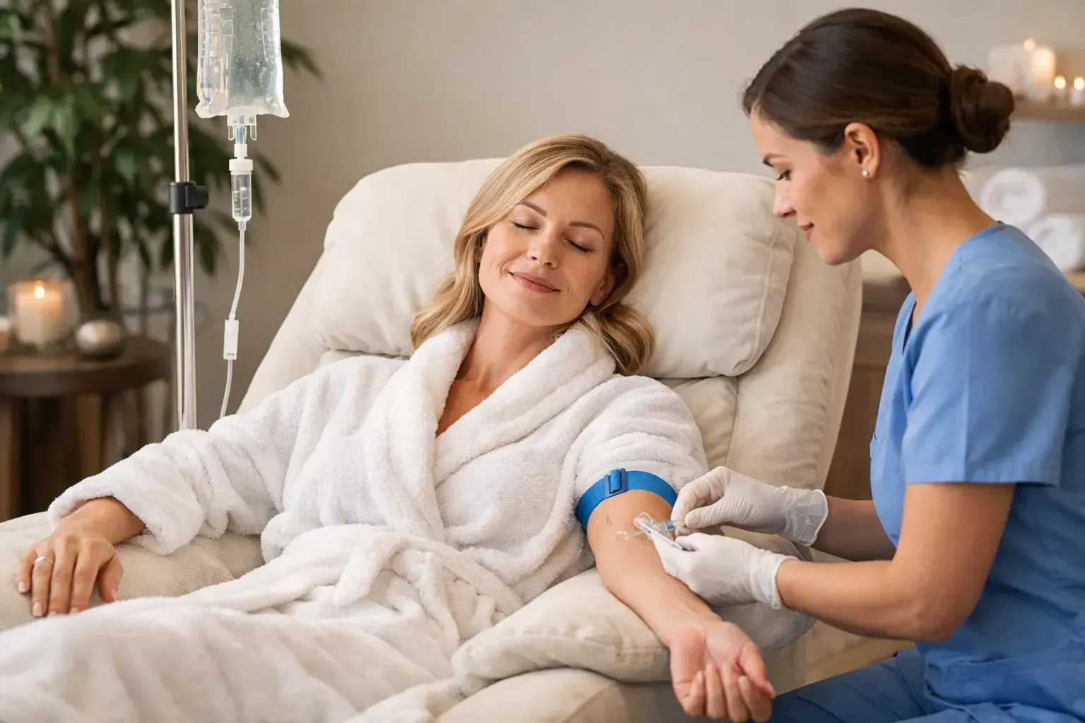 Nurse taking blood pressure of a patient in a hospital bed, both in blue and white uniforms
