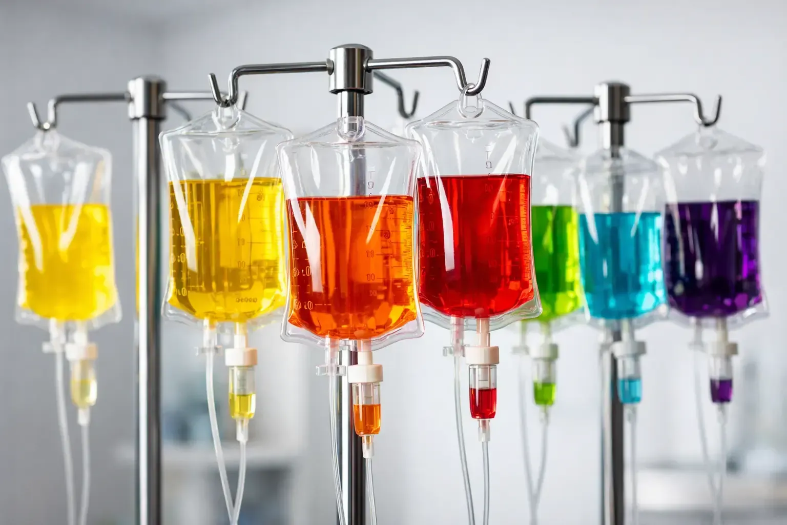 Colorful IV bags filled with yellow, orange, red, blue, and purple fluids on metal stands