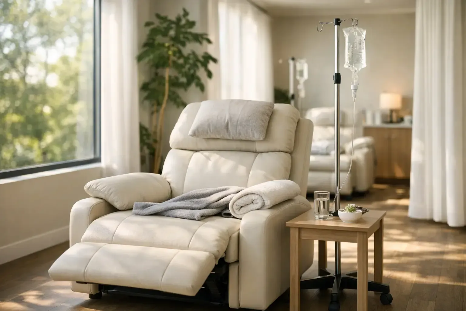 Comfortable recliner with IV pole in a bright living room, suggesting home medical care