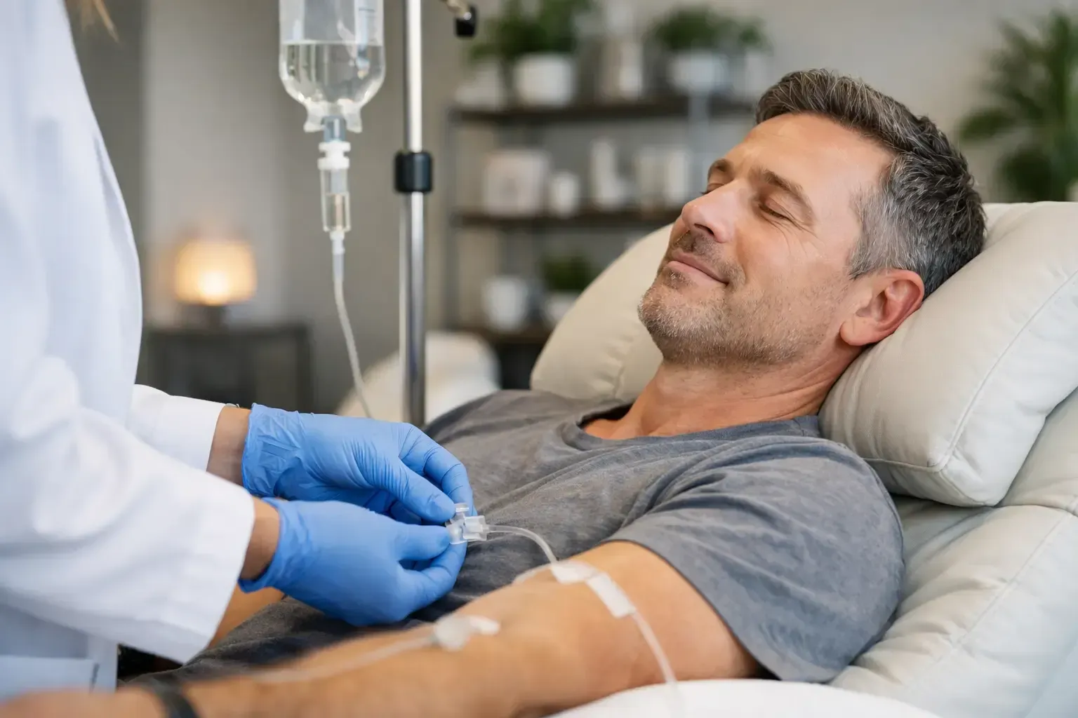 Patient resting in a clinic while a nurse administers an IV drip