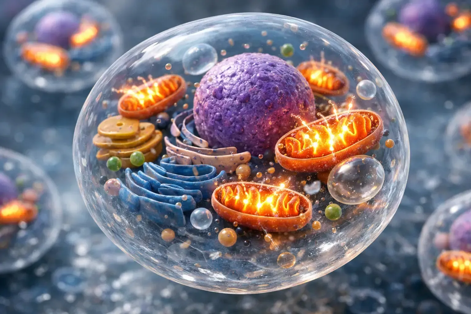 Stylized cell with purple nucleus and glowing orange mitochondria inside a translucent membrane