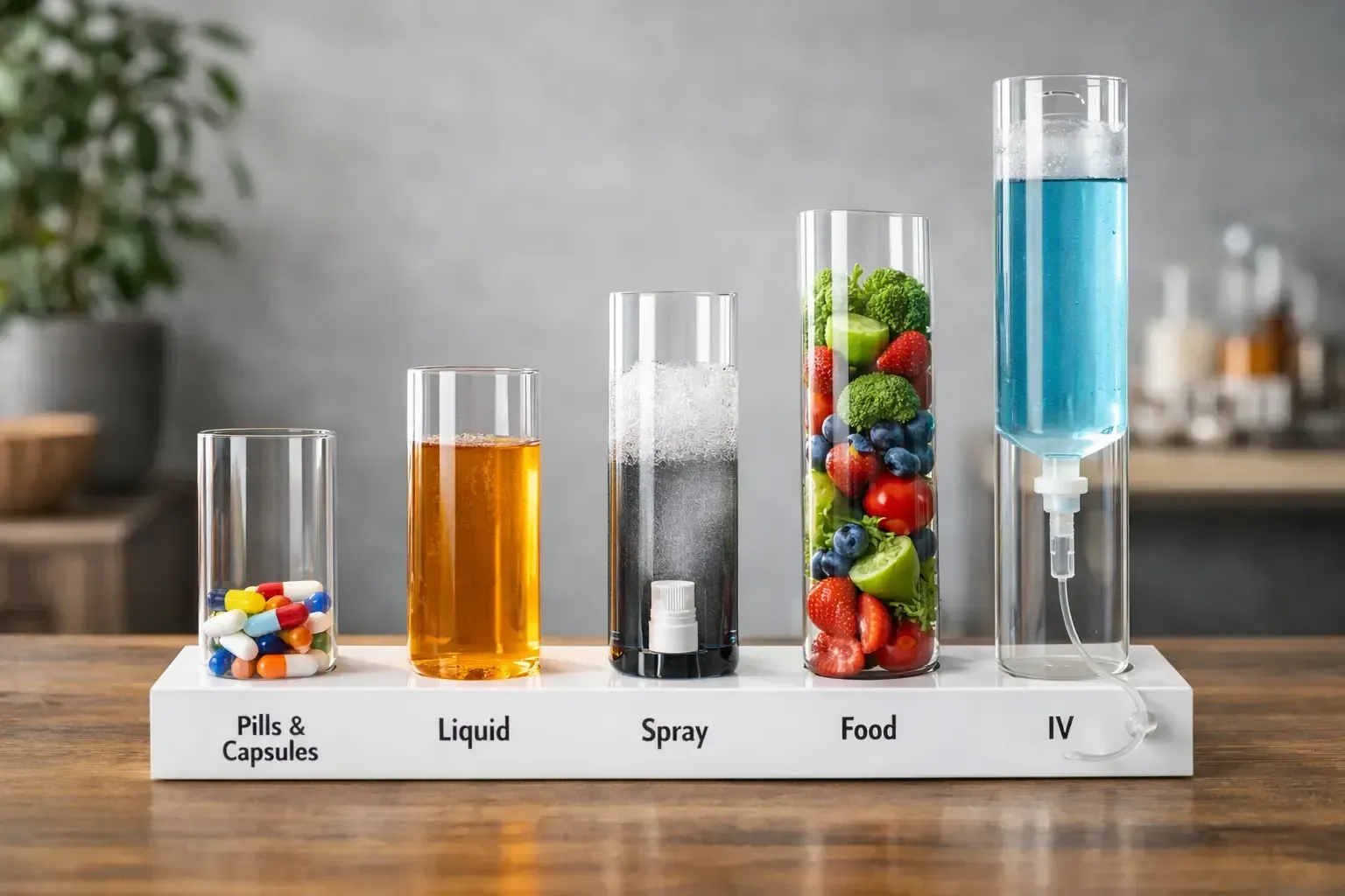 Comparison display of pill, liquid, spray, food, and IV dosage forms on a table