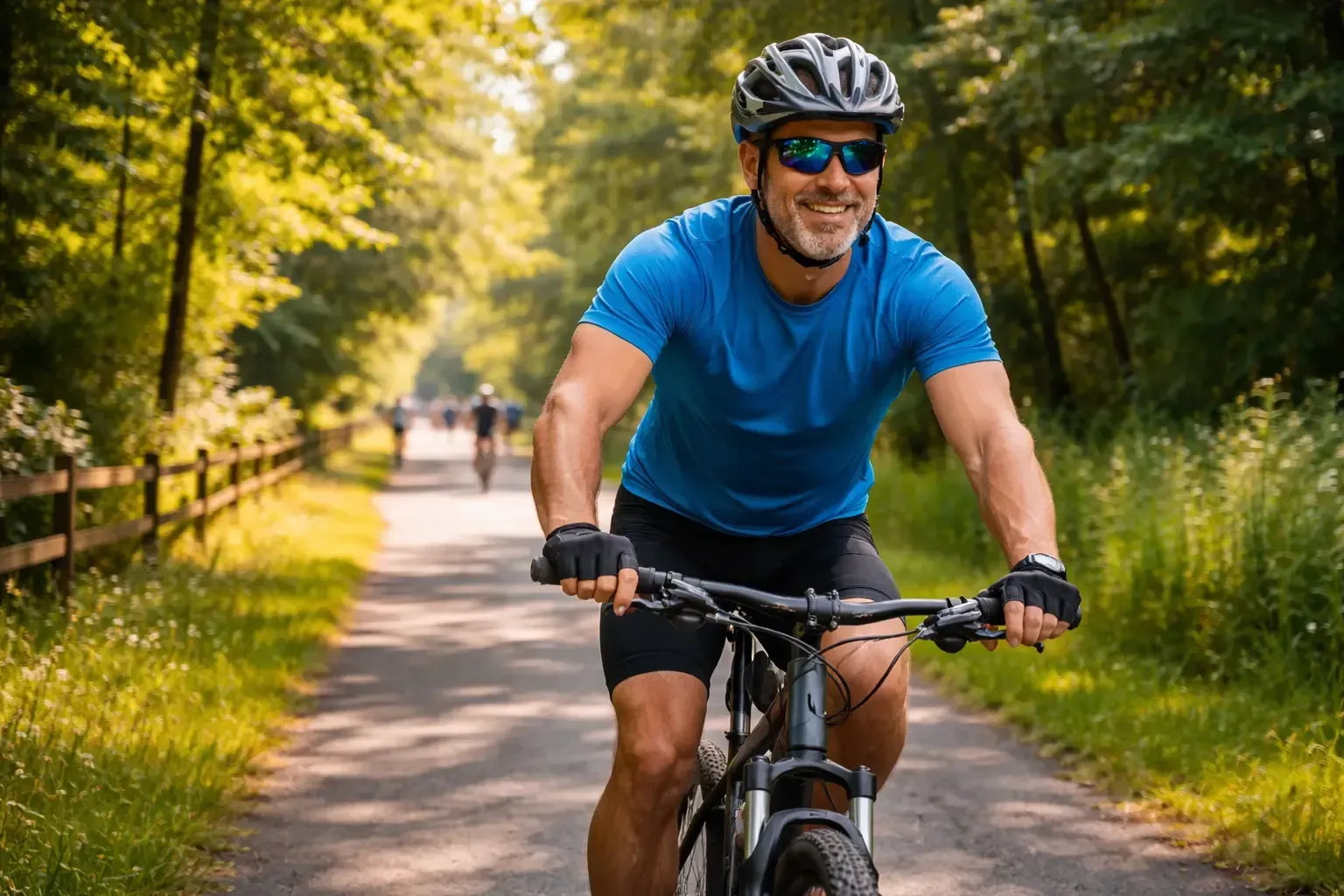 Cyclist in blue shirt riding on a sunlit forest path