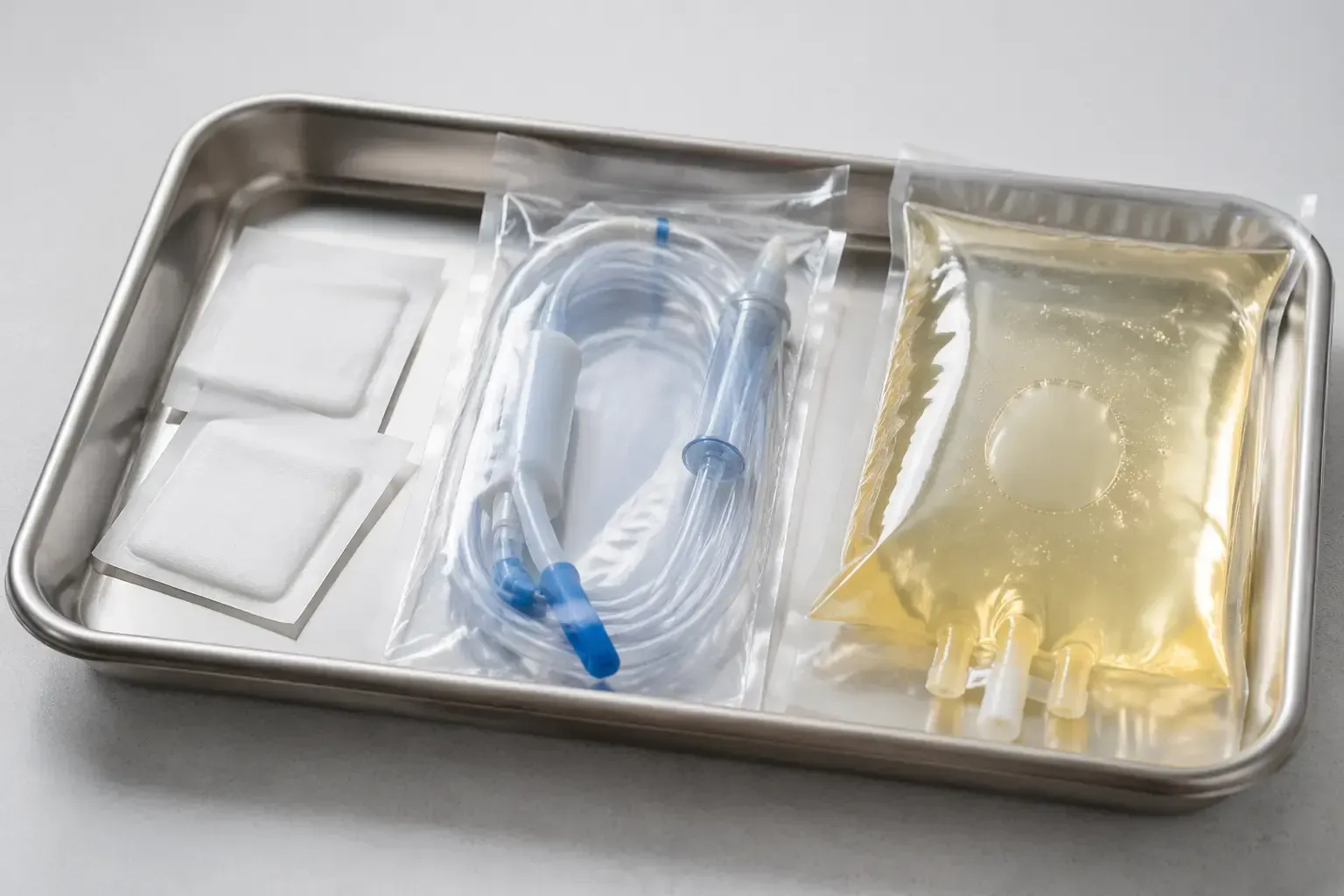 Medical tray with a clear IV tube and fluid bags beside packaged supplies