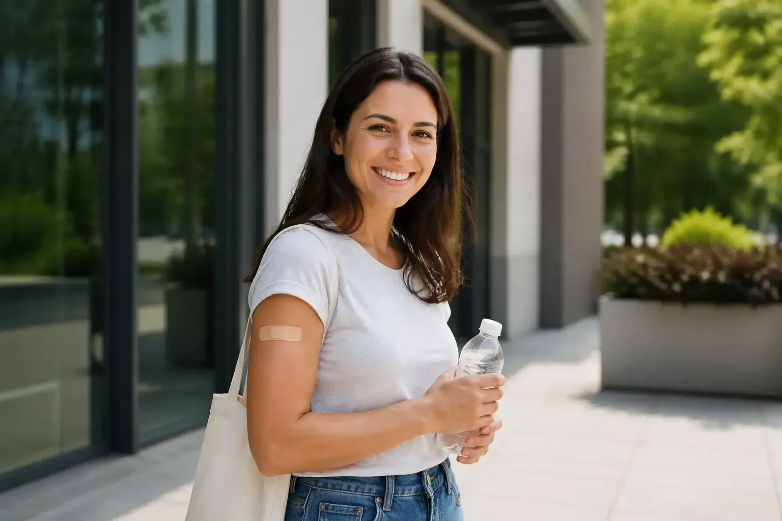 Smiling woman holding a water bottle outside a modern building on a sunny day