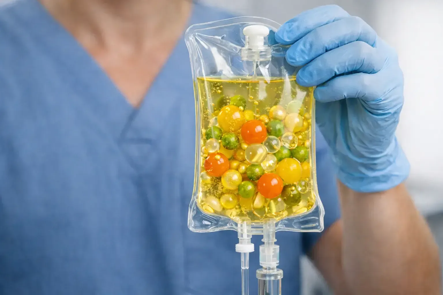 Gloved clinician holds an IV bag filled with yellow liquid and colorful gel-like spheres