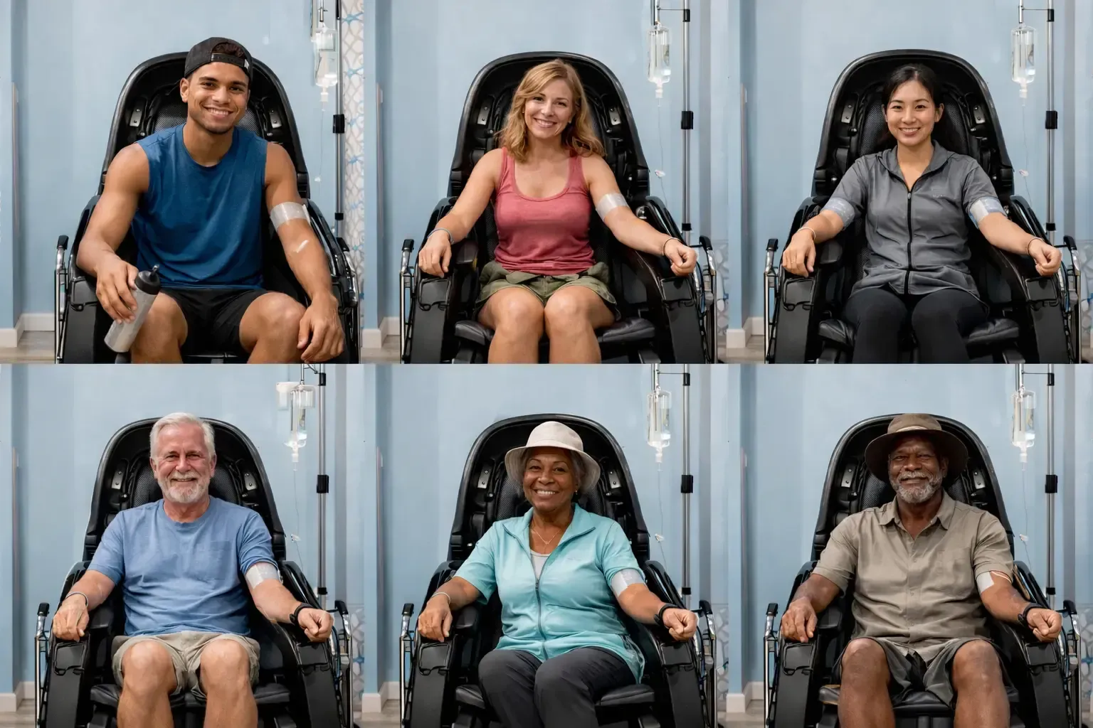 Six people seated in adaptive wheelchairs, smiling in a two-row indoor group portrait.