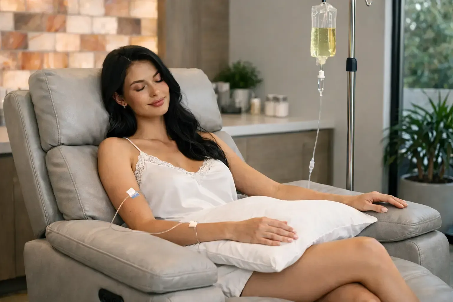 Woman relaxing in a recliner during IV therapy in a modern clinic, eyes closed with a calm expression.