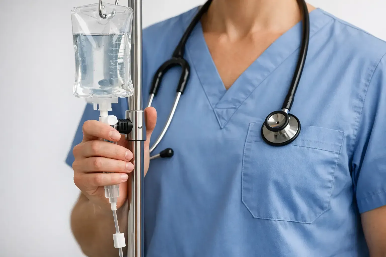 Nurse in blue scrubs holding an IV drip bag with a stethoscope around the neck