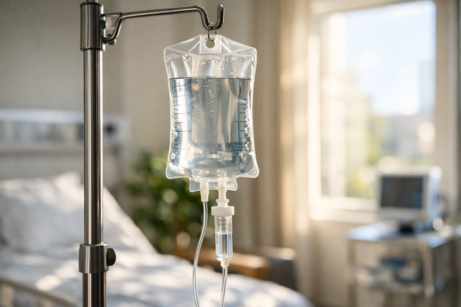 IV bag hanging from a metal stand in a bright hospital room