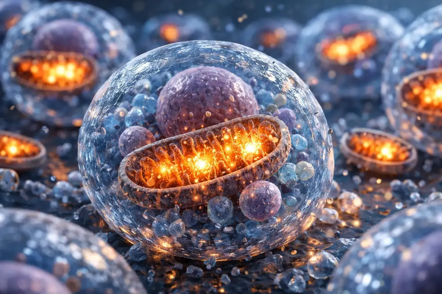 Glowing orange embryonic cells inside translucent blue spheres, resembling microscopic life