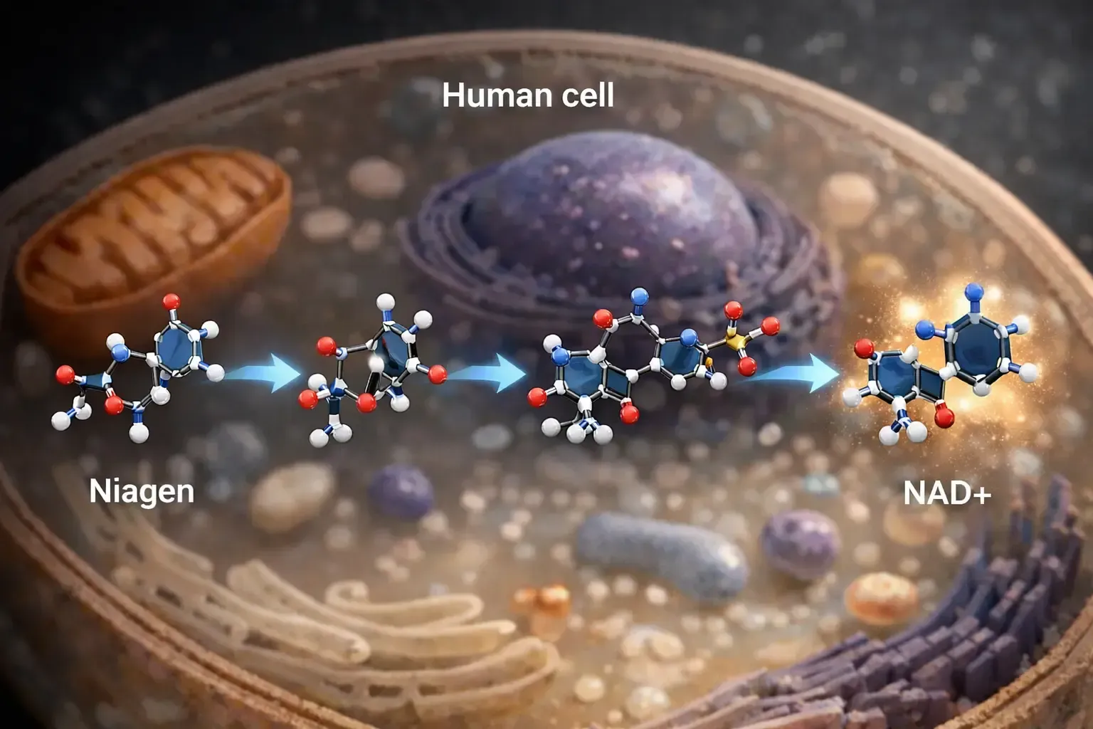 Human cell diagram showing niagen converting to NAD+ with molecular structures