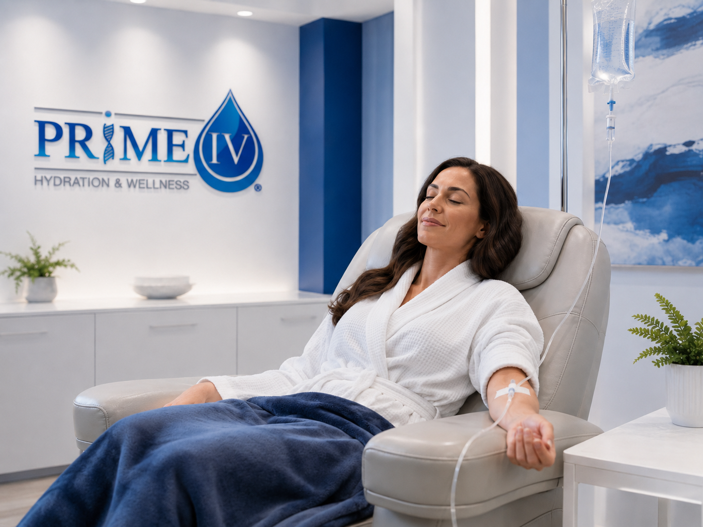 Woman reclining in a spa chair with IV therapy in a bright clinic lounge, with PRIME IV signage visible