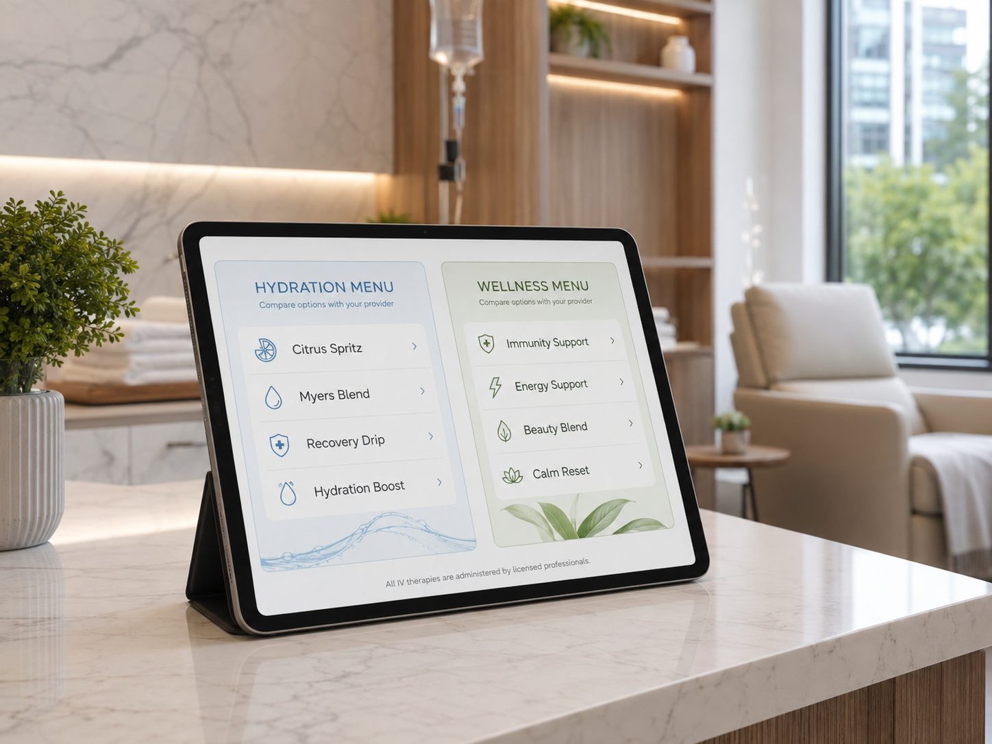 Tablet displaying a dashboard on a marble table in a bright modern living room
