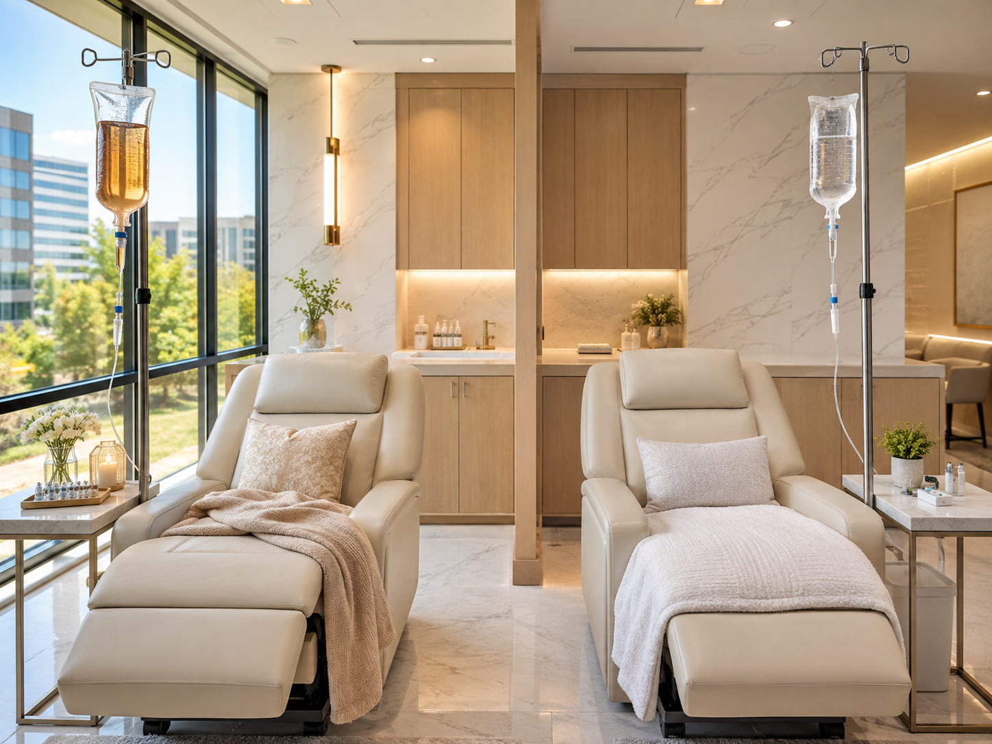 Two cream lounge chairs in a bright spa room with IV drips and large windows.