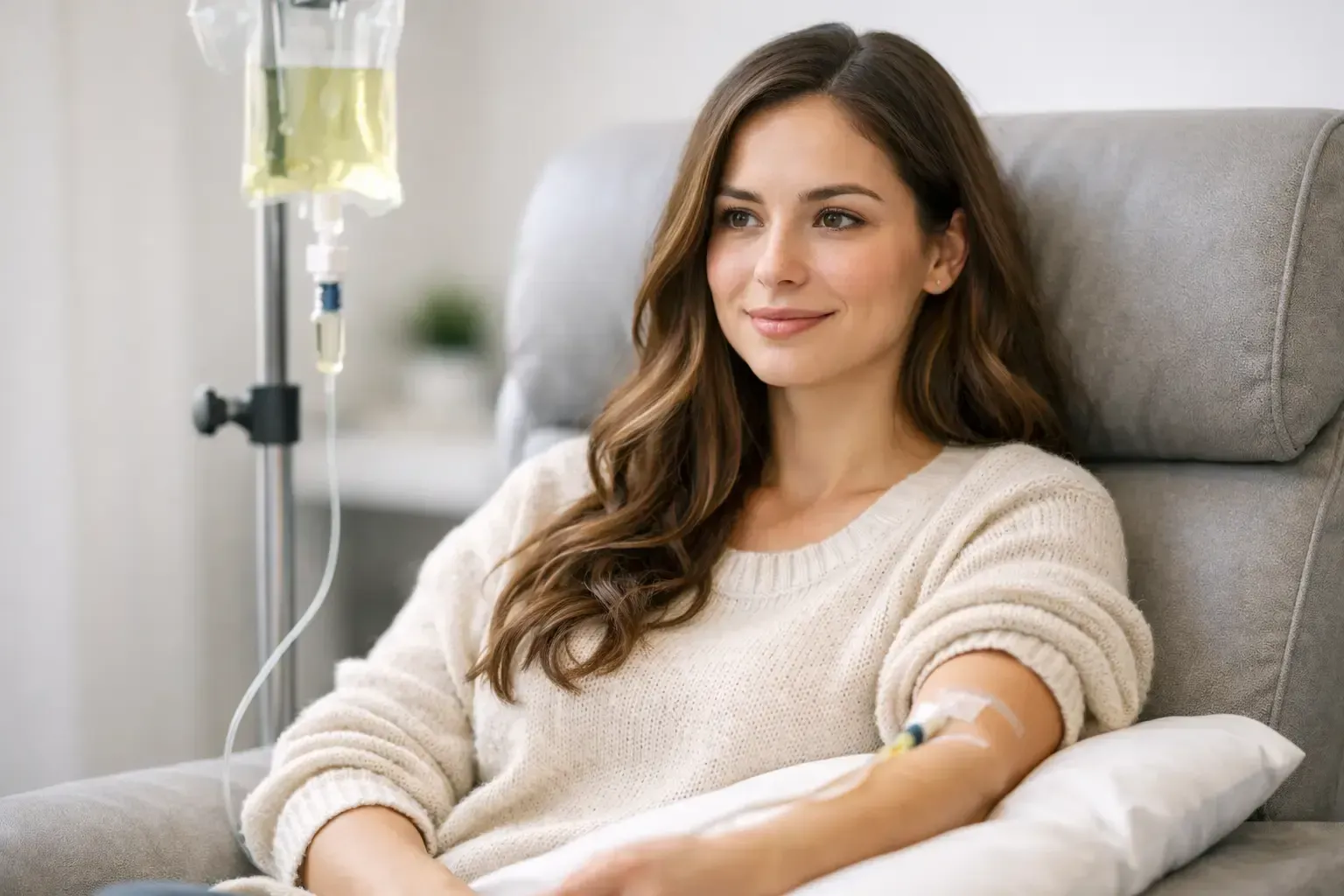 Woman resting in a chair during IV treatment, wearing a cream sweater and smiling softly