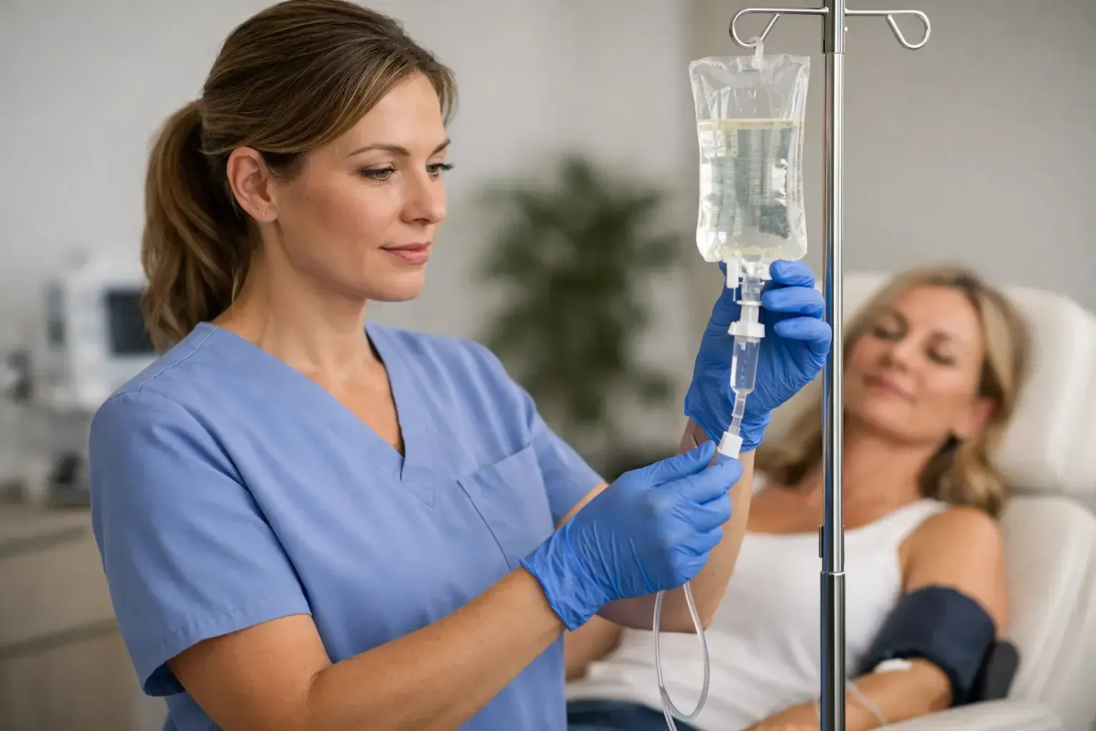 Nurse in blue scrubs adjusting an IV drip beside a patient resting in bed