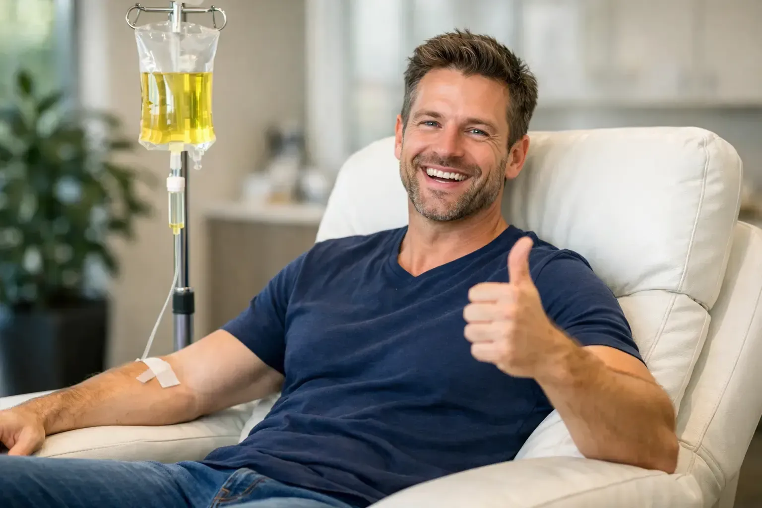 Smiling man in a blue shirt giving a thumbs-up while reclining in a chair beside an IV drip