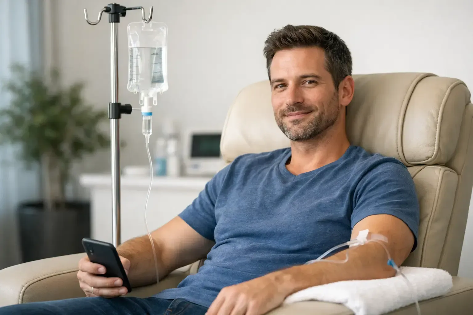 Man relaxing in a clinic chair with an IV, holding a phone and wearing a blue shirt