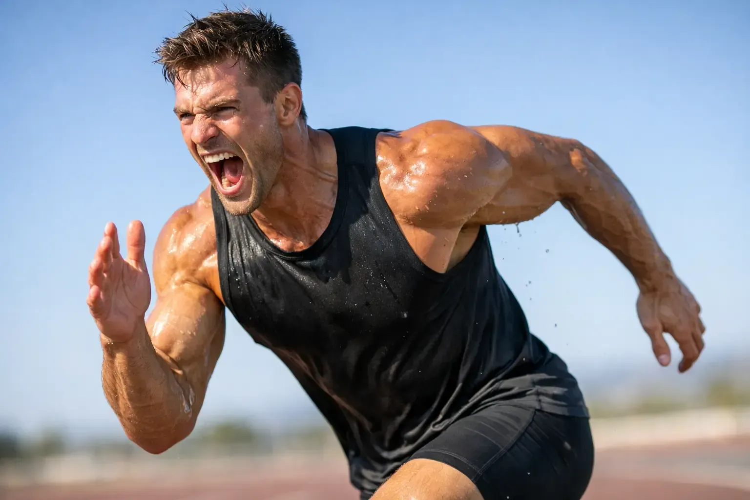 Athlete sprinting on a track, wearing a black tank top, face intense with effort and sweat