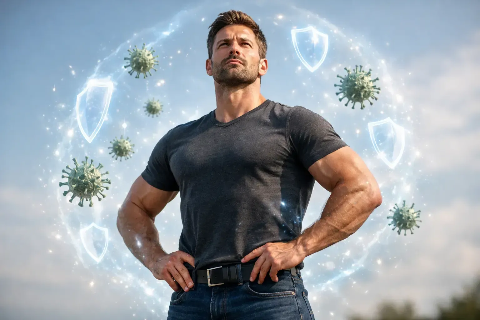 Confident man in a dark shirt standing outdoors with stylized germs and shield icons around him