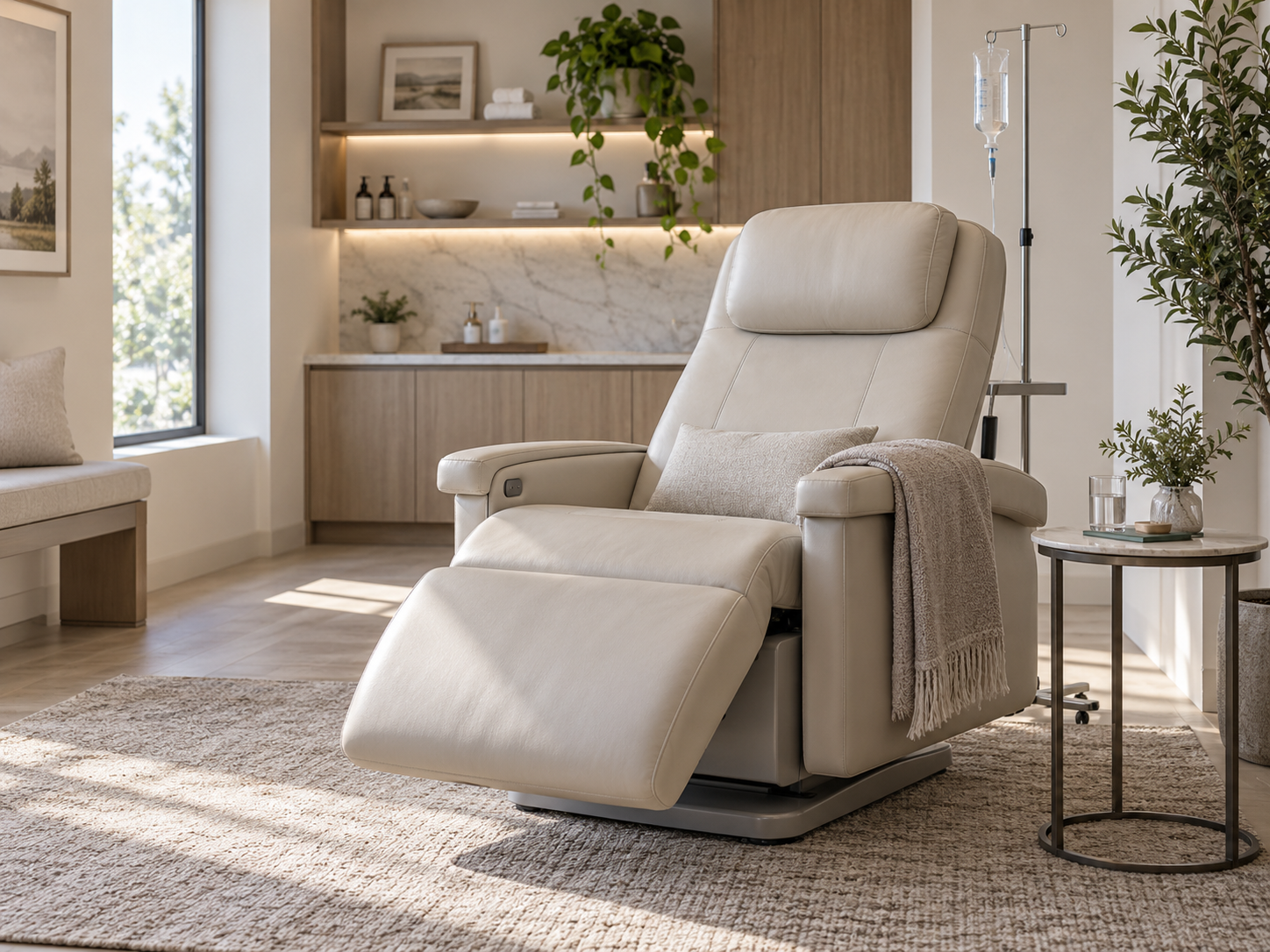Cream recliner chair with footrest in a cozy, beige living room with shelves, plants, and a side table