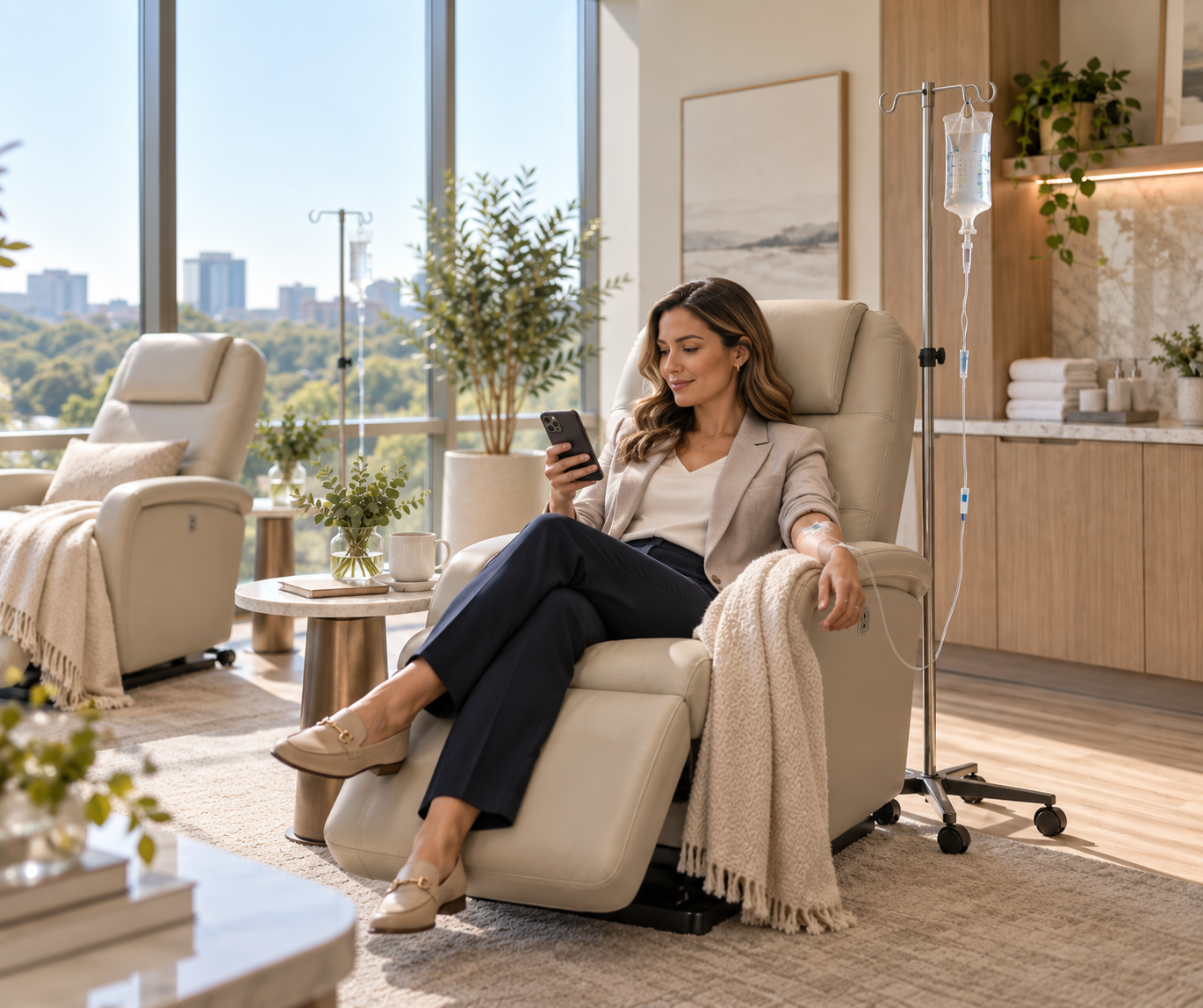 Woman relaxing in a beige chair, using a phone in a bright modern salon