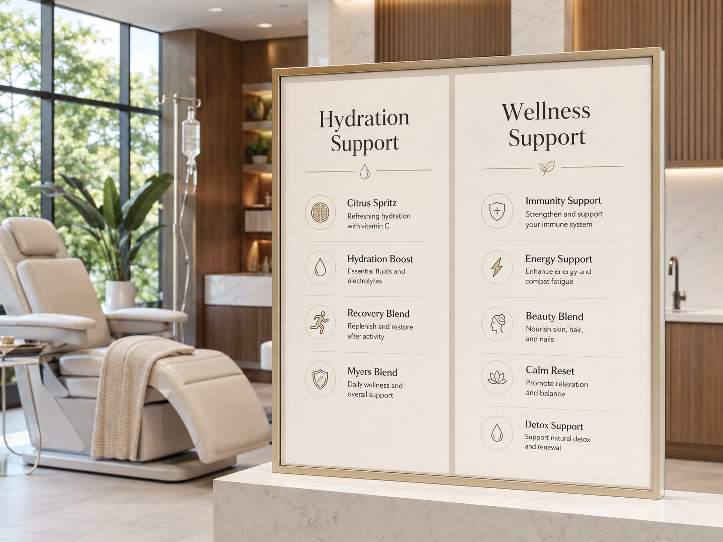 Clinic waiting room with reclining chair beside a wellness menu board for hydration and support services