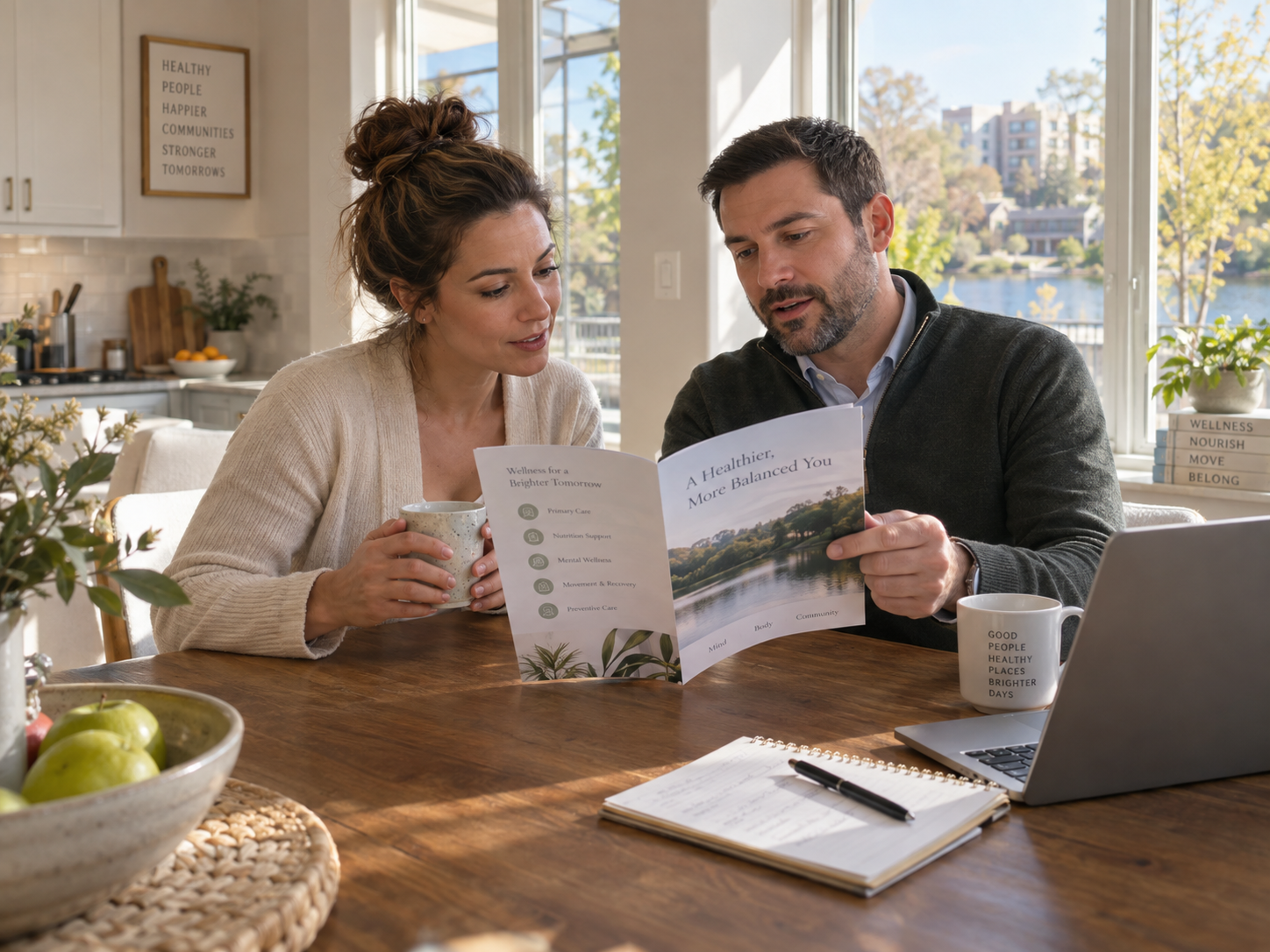 Two people review a brochure at a sunlit kitchen table with mugs, notebook, and laptop.