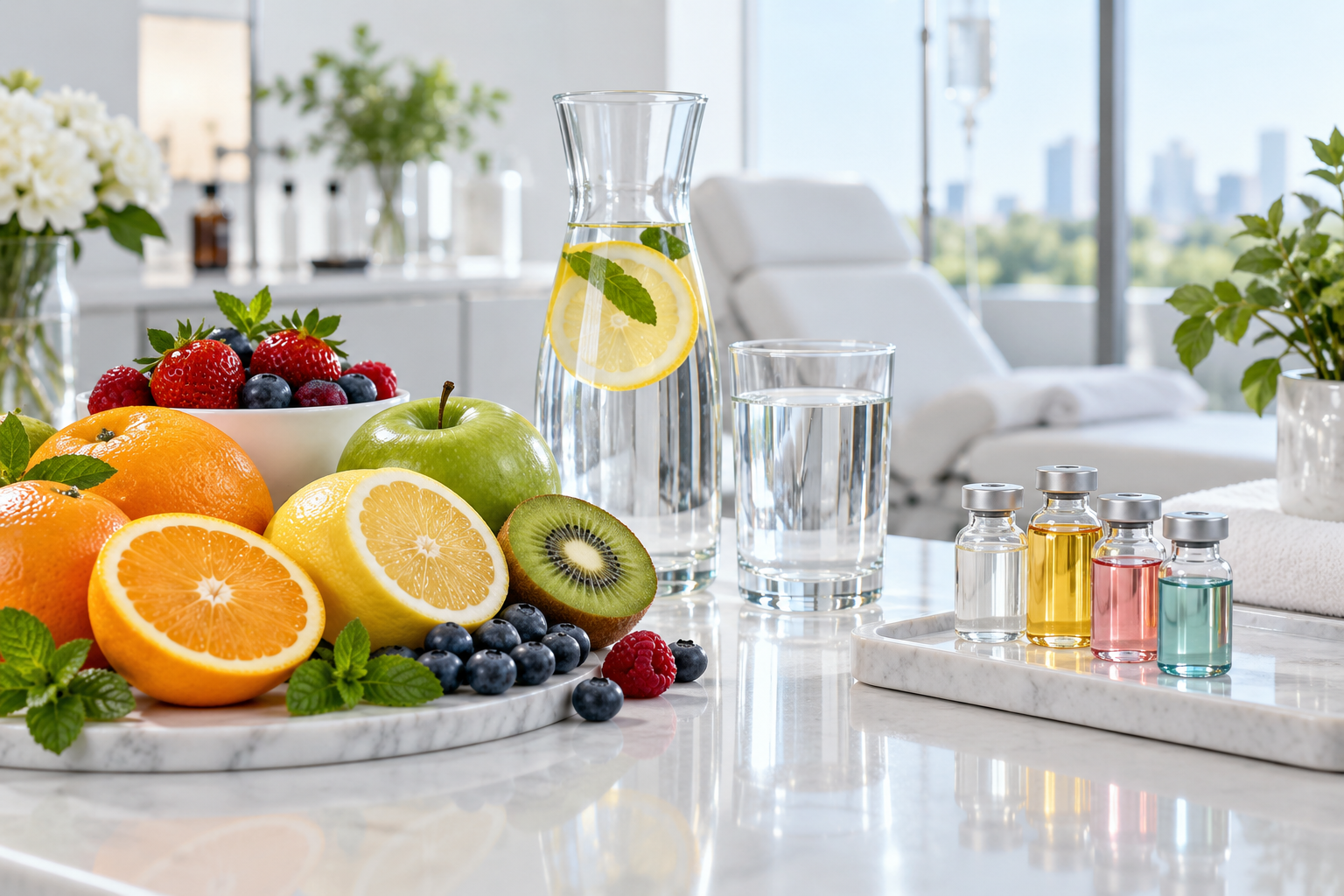 Fruit and water on a bright kitchen counter with lemon slices, oranges, kiwi, berries, and small bottles.