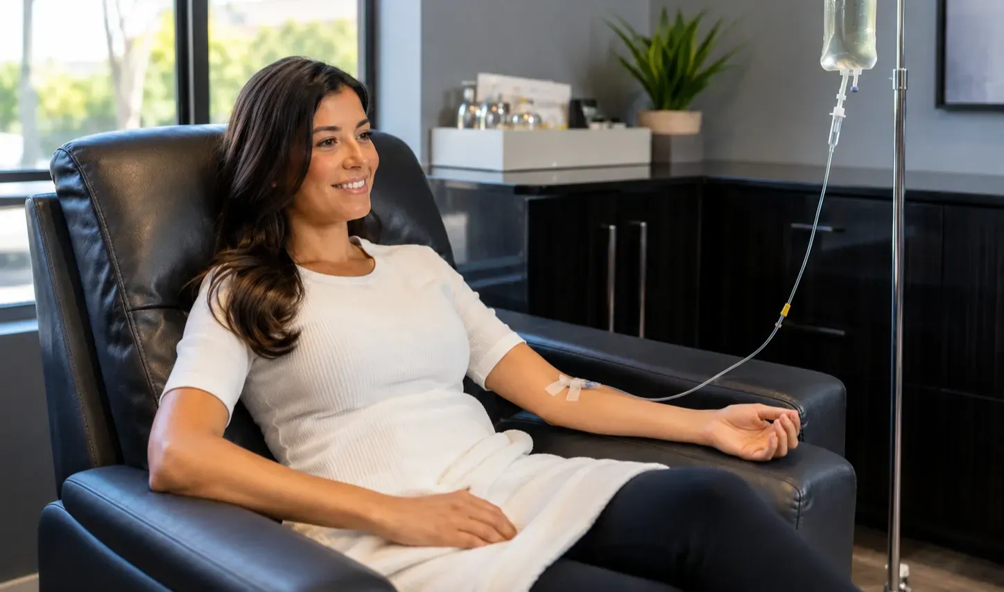 Patient relaxing during a Myers' Cocktail IV therapy session to support energy, and wellness.