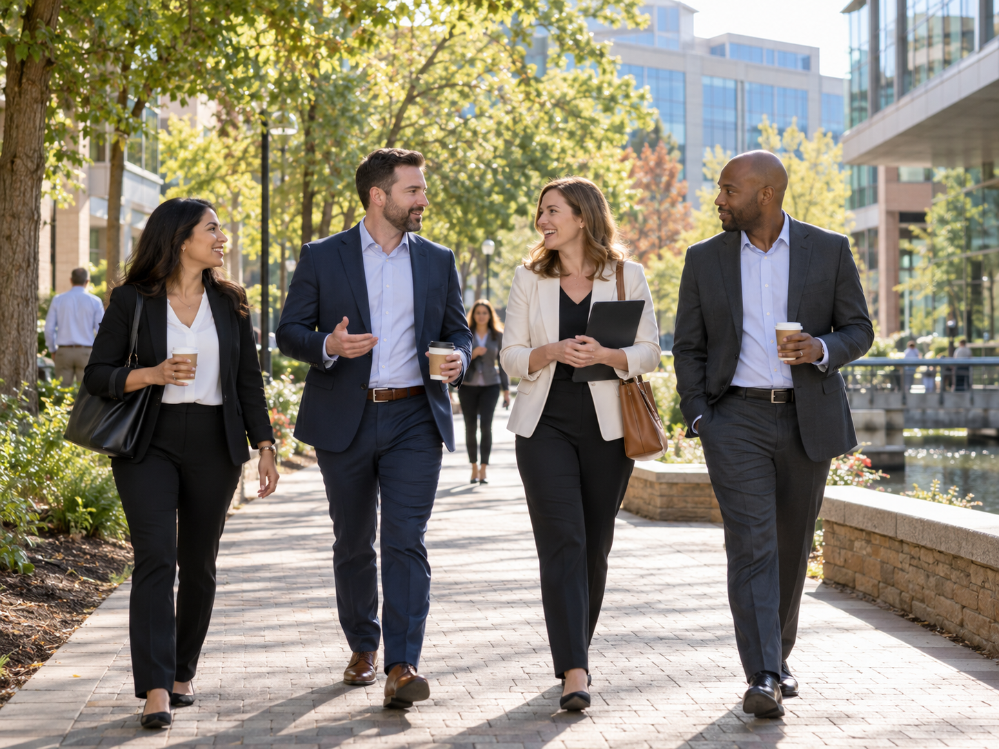 Four coworkers walking with coffee on a sunny tree-lined campus path in business attire