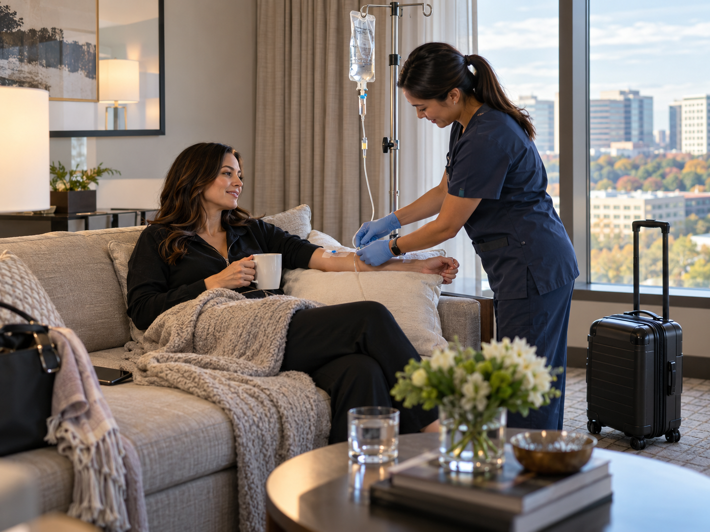 Home caregiver tending to a woman on a sofa in a bright living room, with city view and suitcase nearby