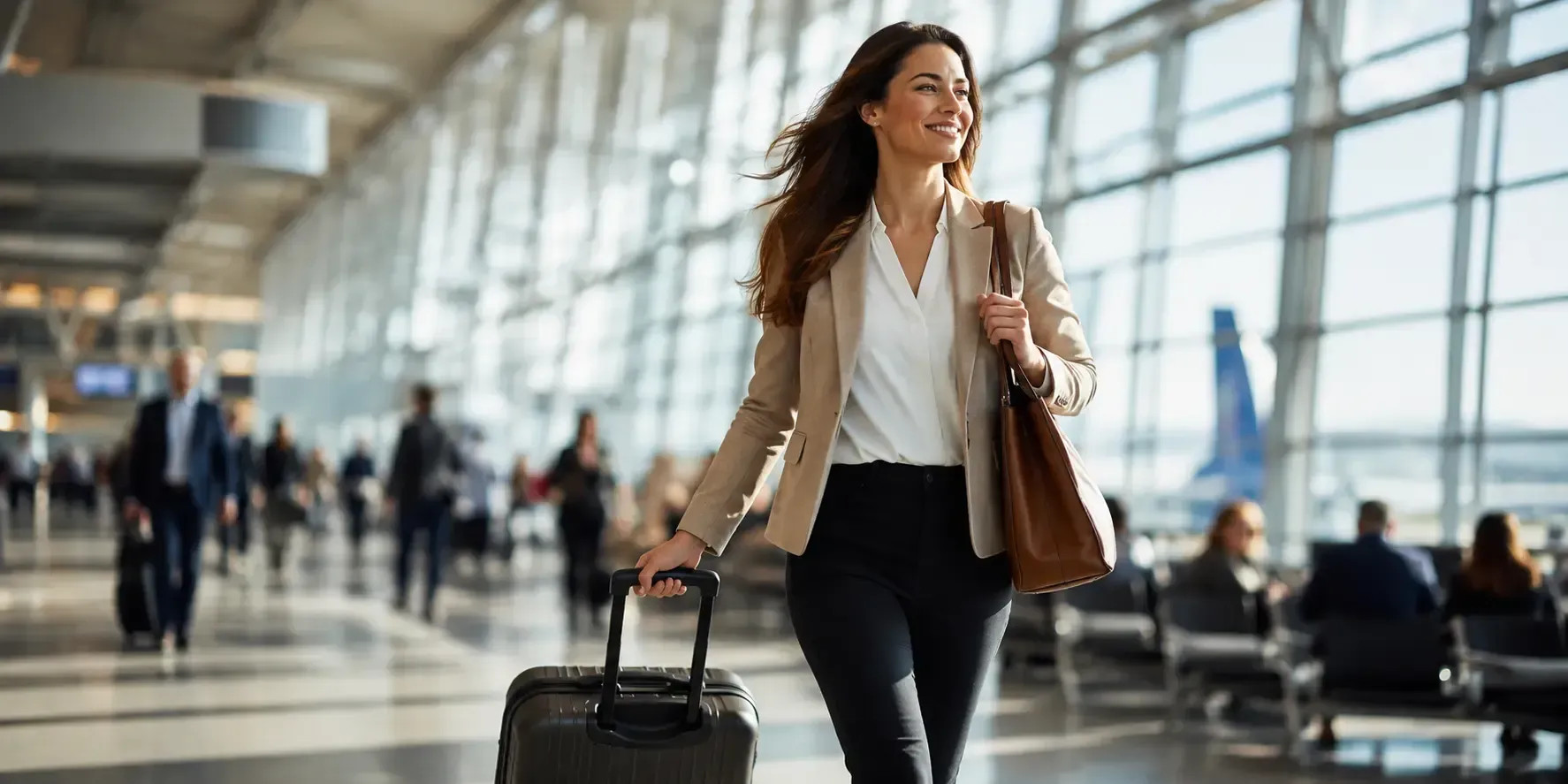 Busy professional walking through a bright airport terminal after IV hydration, looking energized and ready for travel.