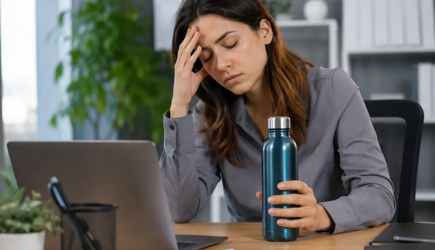 Tired woman holding a water bottle, illustrating the need for IV hydration support.