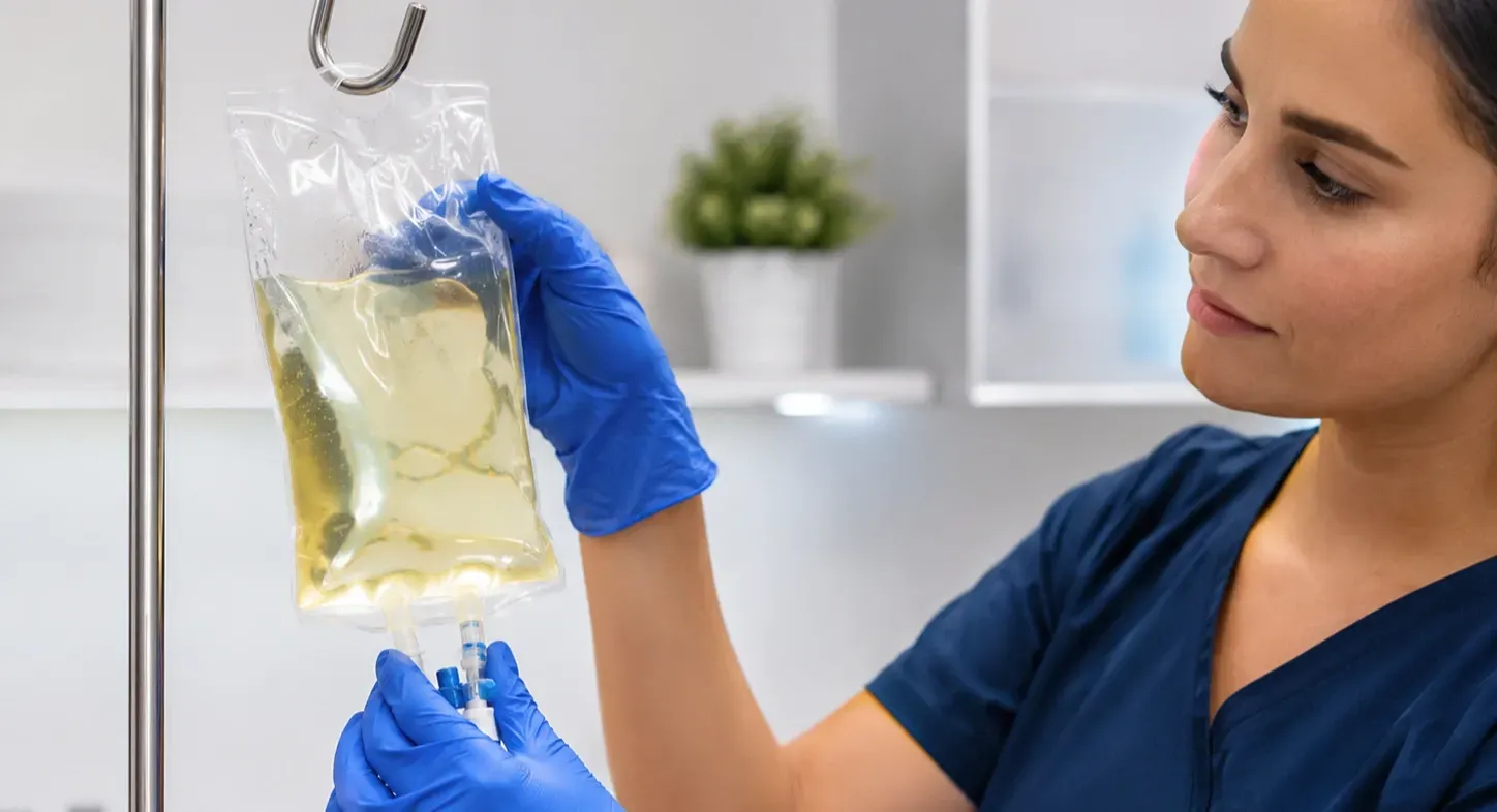 Close-up of a medical professional wearing blue gloves preparing an IV hydration bag with a vitamin-based infusion in a clean, modern clinical setting.