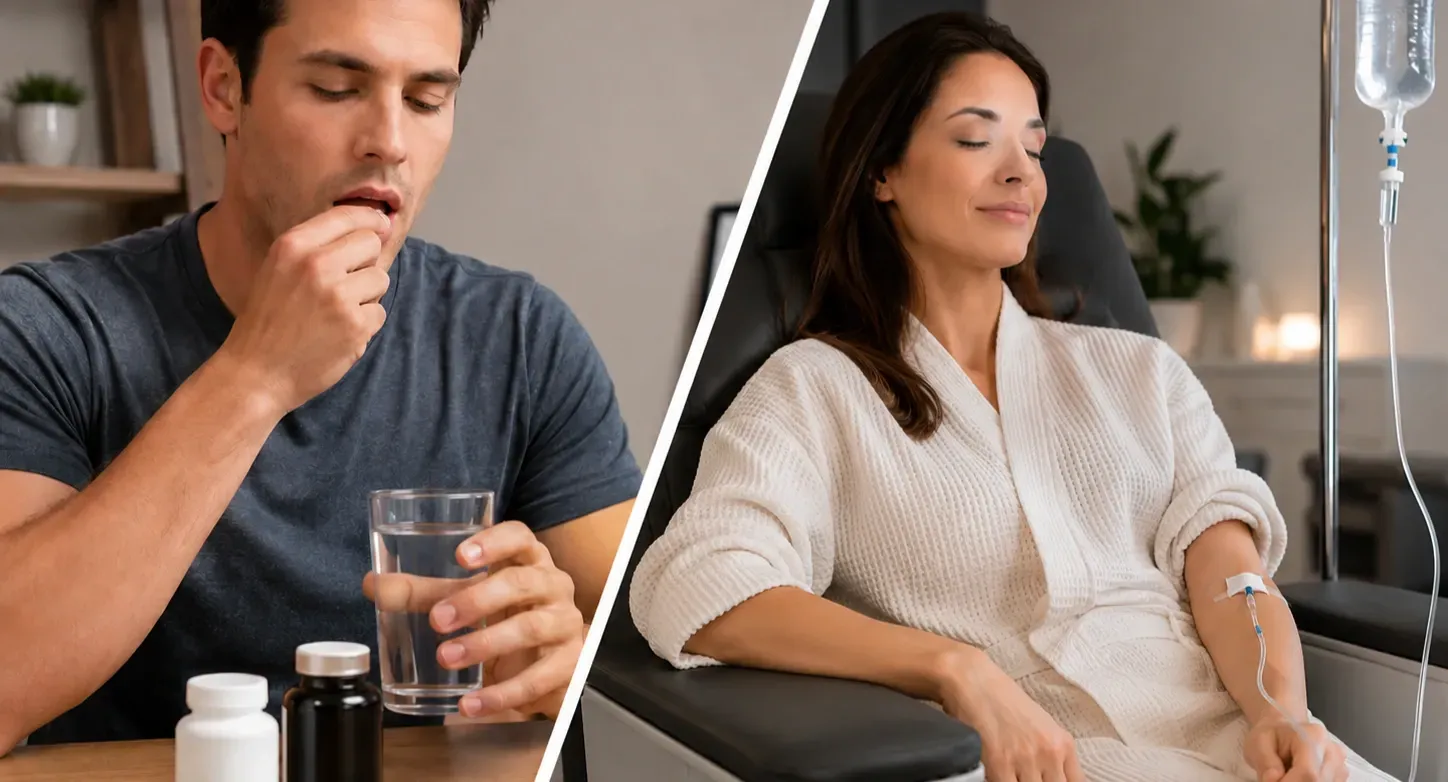 A diagonal split-screen comparison showing a man taking oral vitamin supplements with a glass of water on the left and a woman relaxing in a comfortable treatment chair while receiving IV therapy on the right. The woman is connected to a clear IV bag featuring the Prime IV Hydration & Wellness logo in a clean, modern wellness clinic. The image highlights the contrast between traditional oral vitamins and intravenous hydration therapy, with natural lighting and a professional healthcare setting.