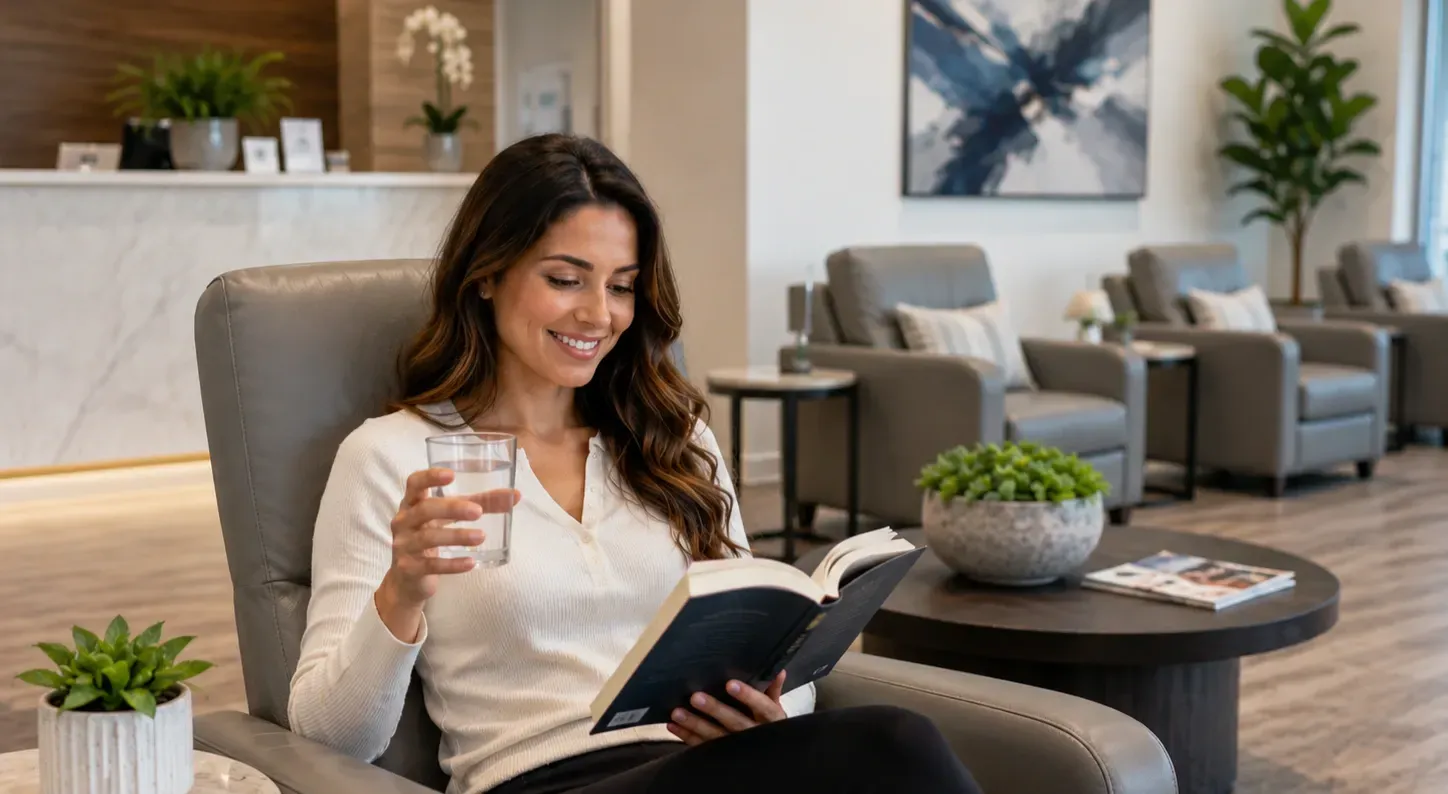 A smiling patient sits comfortably in the waiting area of a modern IV hydration clinic, reading a book while holding a glass of water. The bright, welcoming space features comfortable lounge chairs, contemporary décor, natural lighting, indoor plants, and a clean reception area, creating a calm and relaxing environment for guests before their IV therapy appointment.