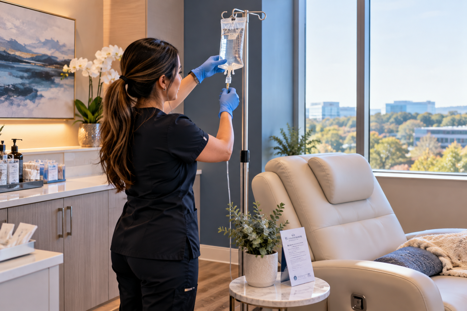 Medical professional adjusting IV bag in a bright treatment room with a reclining chair and tray table