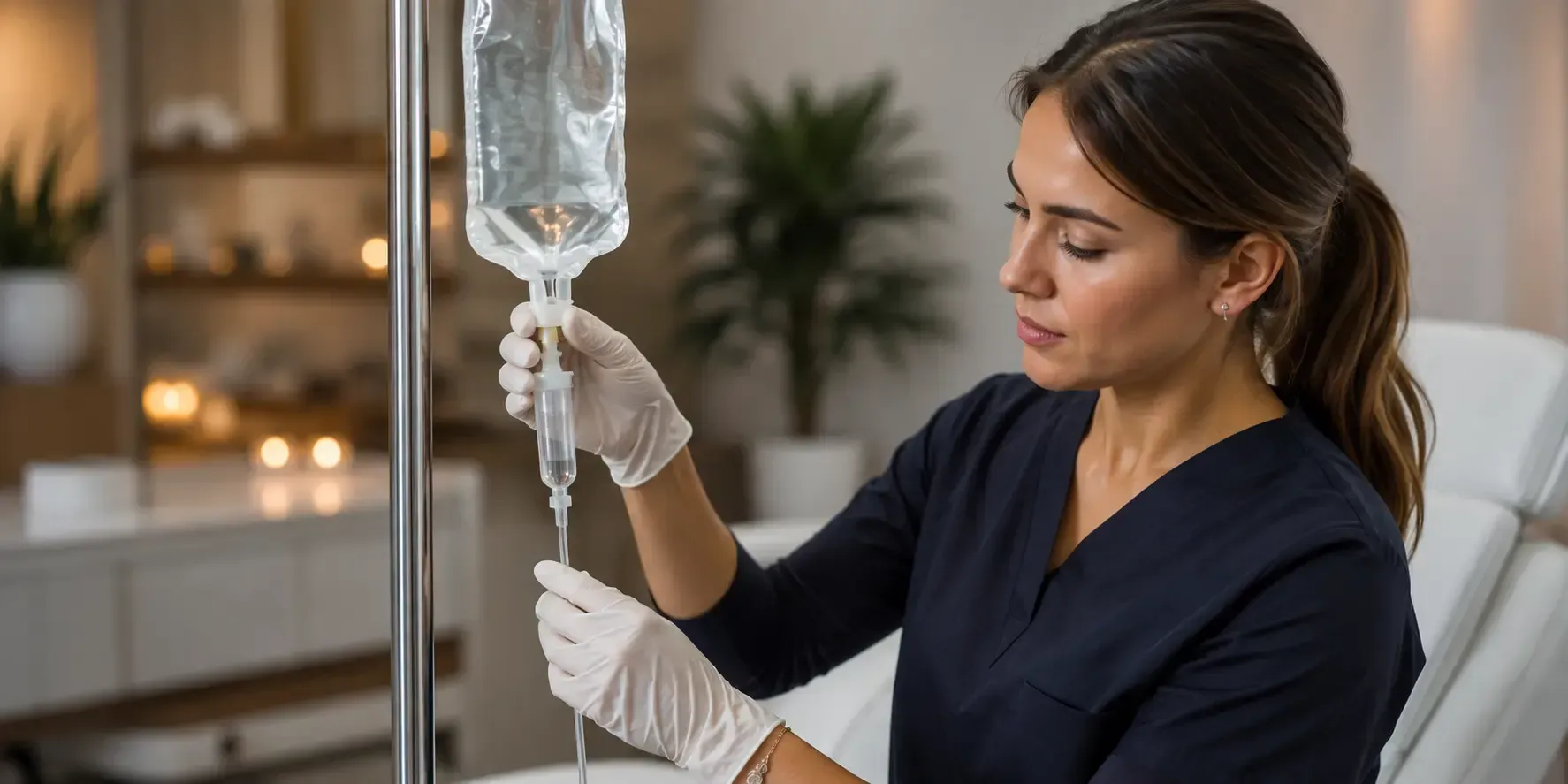 Close-up of a medical professional adjusting a clear NAD+ IV drip in a modern wellness clinic, highlighting professional intravenous therapy in a clean, relaxing spa environment.