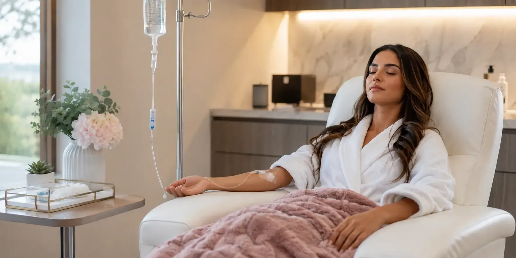 Relaxed patient comfortably receiving a NAD+ IV treatment in a modern wellness clinic, with a clear IV bag, long tubing, drip adjustment clamp, and professionally placed IV line attached to the forearm in a clean, calming environment.