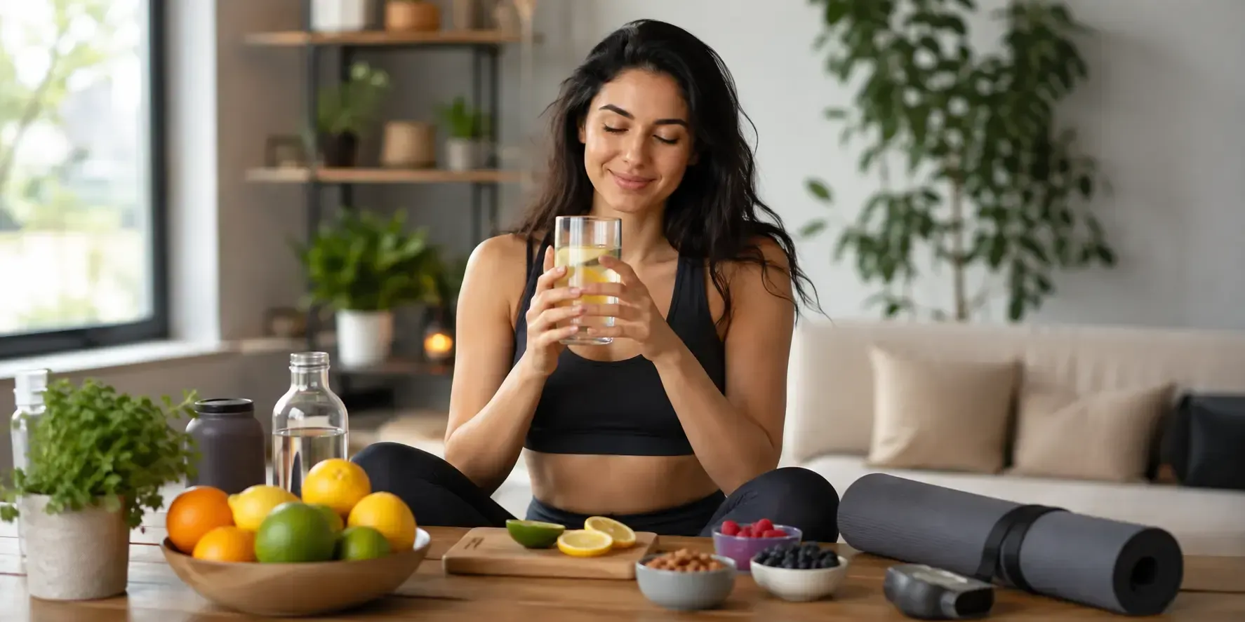Healthy woman enjoying a wellness routine with a glass of water, fresh fruit, and fitness essentials, representing NAD+ support for cellular energy, healthy aging, and daily vitality.