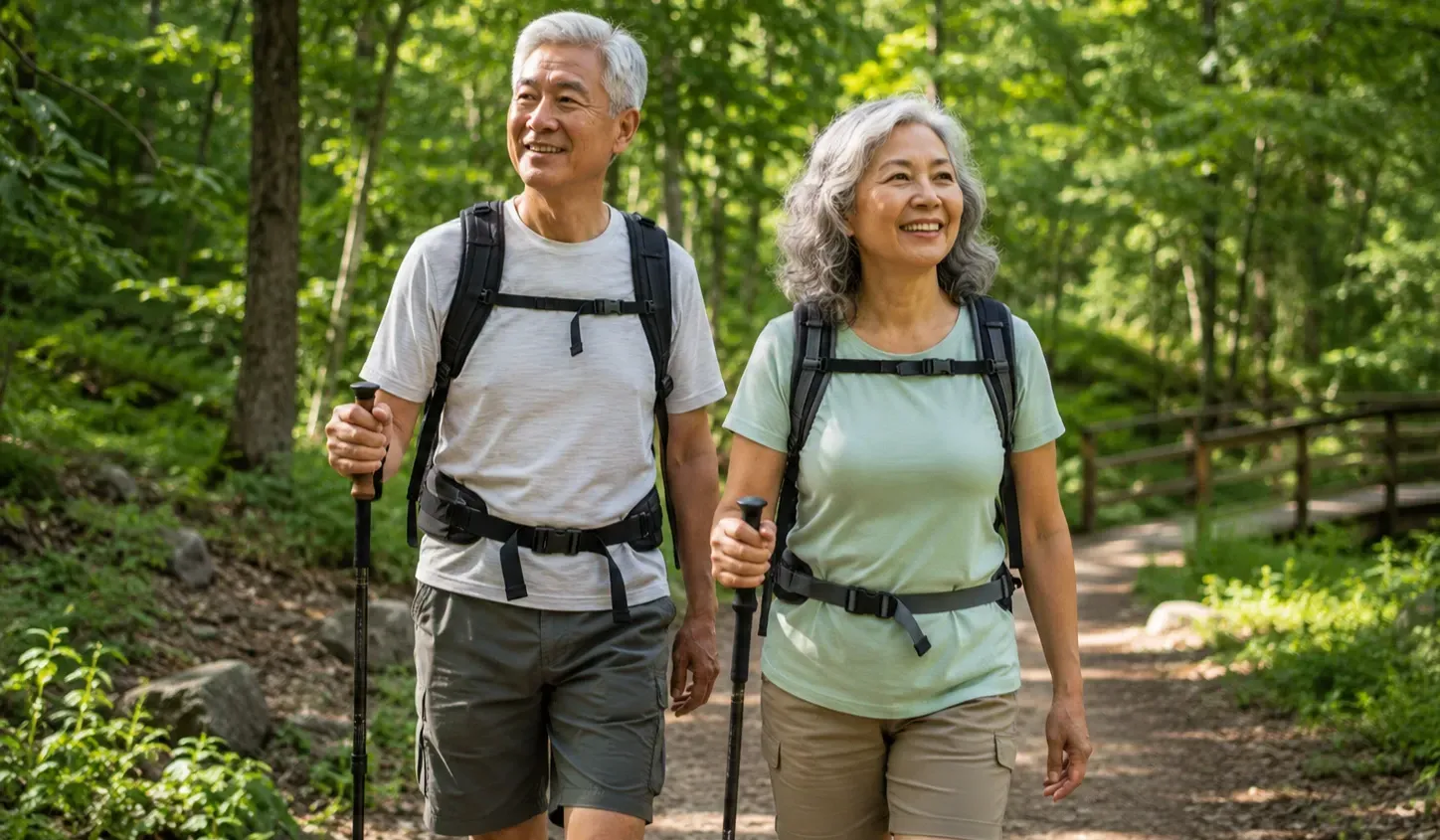 Healthy older couple hiking on a sunny forest trail in Reston, VA, representing healthy aging, energy support, and NIAGEN-powered cellular wellness.