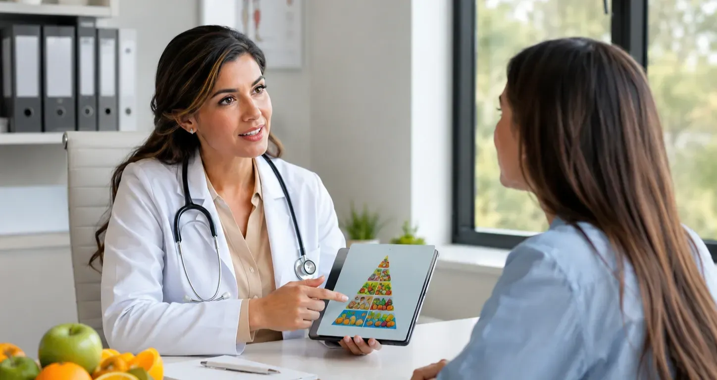 Doctor explaining the benefits of NIAGEN nutritional wellness to a patient during a consultation in a modern medical clinic with healthy lifestyle guidance.