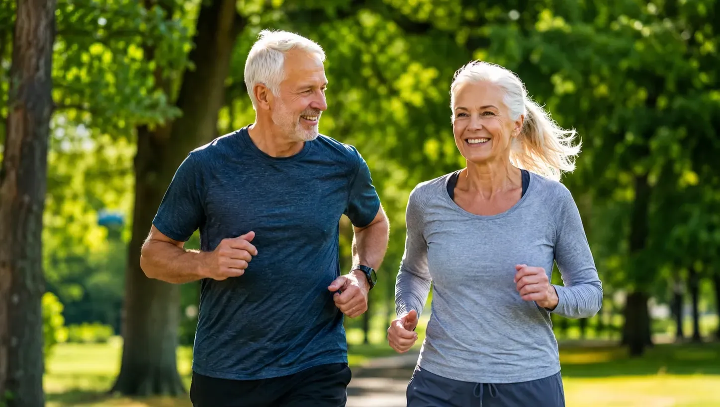 Healthy older couple jogging together through a bright green park, representing active aging, vitality, and wellness supported by Niagen.