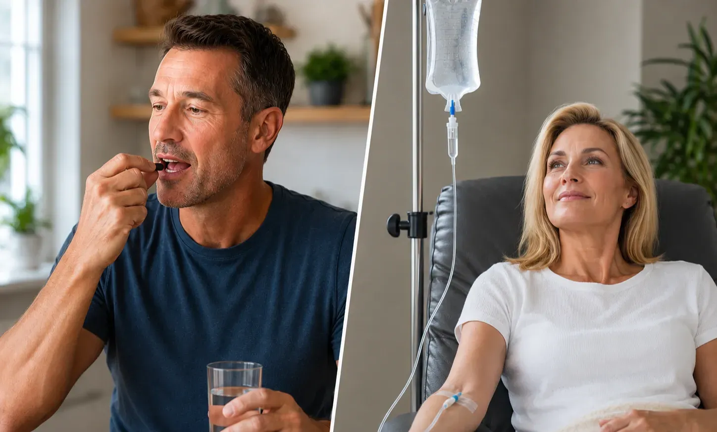 Middle-aged man taking an oral supplement beside a middle-aged woman receiving an IV drip, illustrating different ways to support NAD+ levels with Niagen-based wellness options.