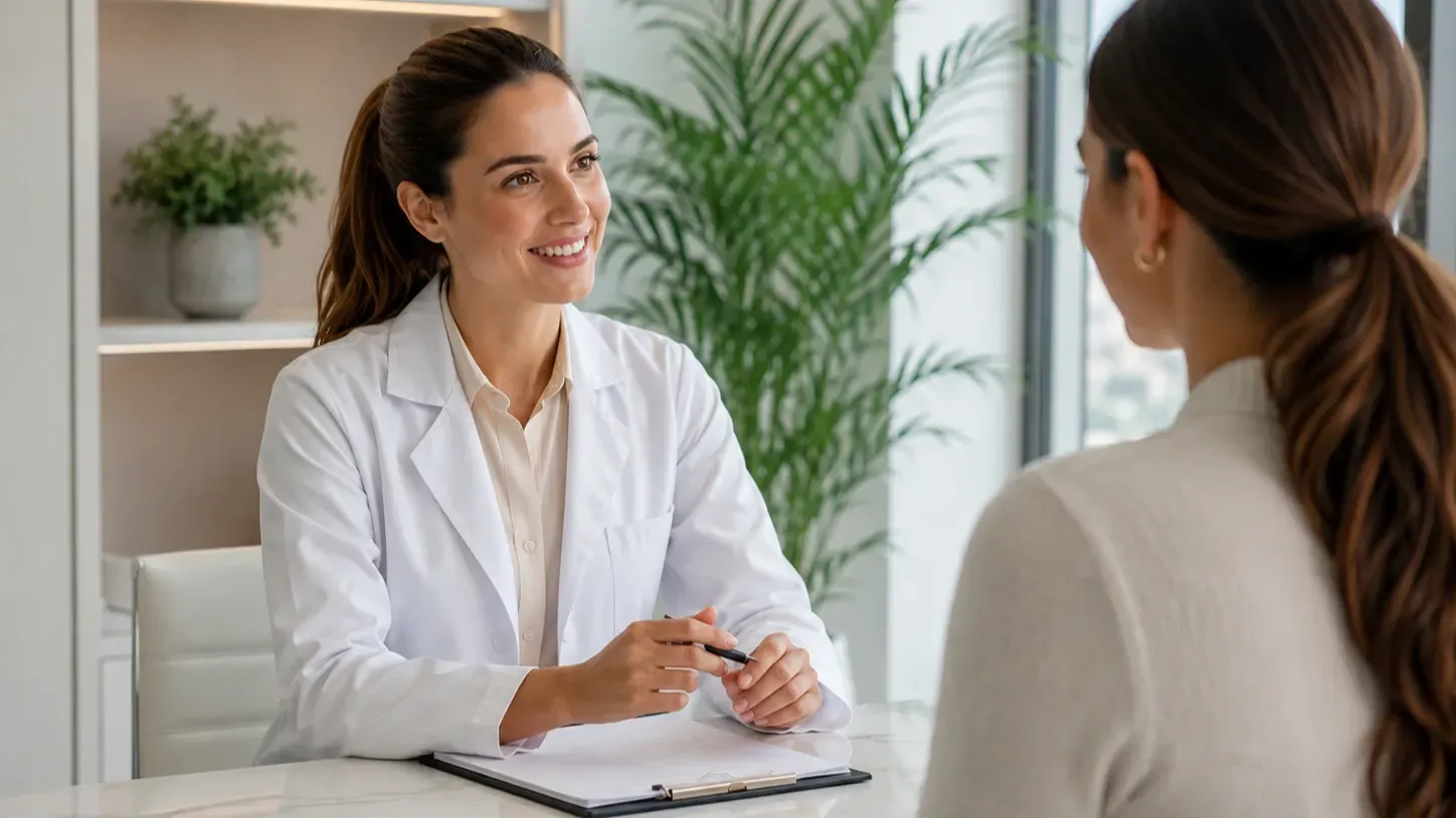 Professional wellness consultant discussing NIAGEN supplementation with a client in a bright, modern wellness clinic.